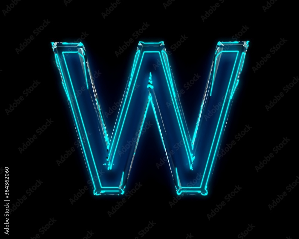 Blue shine neon light glow glassy crystal font - letter W isolated on black background, 3D illustration of symbols Blue shine neon light glow glassy crystal font - letter W isolated on black background, 3D illustration of symbols
