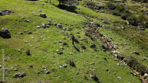 Hiker Walking through a Livestock in a green Valley. Sport, Fitness and Healthy Environment. Asturias, Spain.