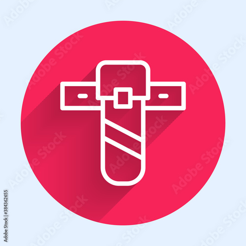 White line Knife holster icon isolated with long shadow. Red circle button. Vector.