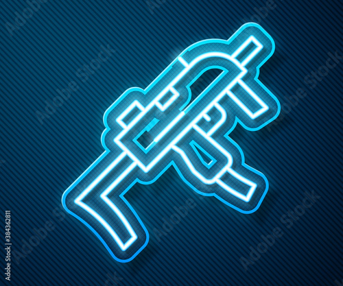 Glowing neon line MP9 submachine gun icon isolated on blue background. Automatic weapon. Vector.