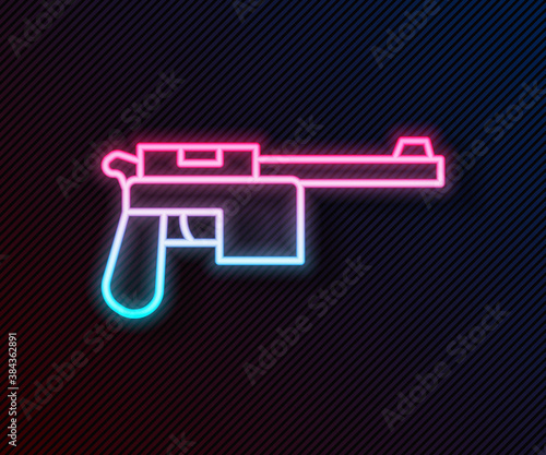 Glowing neon line Mauser gun icon isolated on black background. Mauser C96 is a semi-automatic pistol. Vector.
