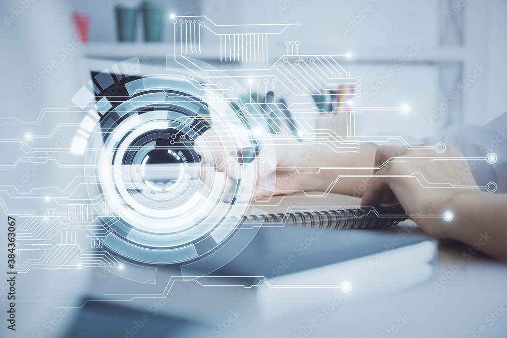 Multi exposure of woman hands on background with technology coding hologram. Data concept. Multi exposure of woman hands on background with technology coding hologram. Data concept.