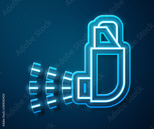 Glowing neon line Inhaler icon isolated on blue background. Breather for cough relief, inhalation, allergic patient. Medical allergy asthma inhaler spray. Vector.