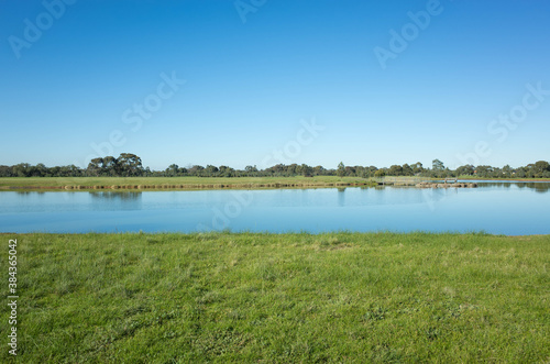 Grass  lake  and lookout platform in the distance against the cloudless blue sky. Background texture of the Australian nature landscape of a large public park. Presidents Park lake  VIC Melbourne.