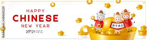 Chinese New Year greeting card. Funny characters in cartoon 3d style. 2021 Year of the Ox zodiac. Happy cute bulls with gold coin, ingot and lanterns. Translation Happy New Year. Vector illustration.