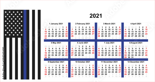 Calendar 2021, diary monthly planner with American flag with thin blue line 