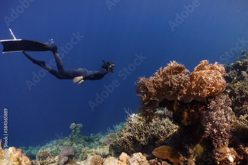 Foto A female freediver is exploring a tropical coral reef.