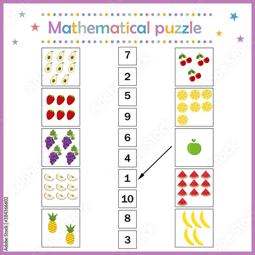 Math puzzle for math fruit, for children's development, color vector illustration flat style, education, score, tutorial design, clipart