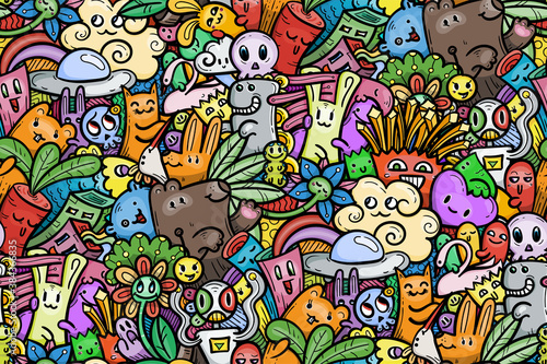 Kawaii doodle smiling monsters seamless pattern for child prints  designs and coloring books. Food  animals  robots  flowers