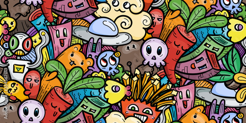 Kawaii doodle smiling monsters seamless pattern for child prints, designs and coloring books. Food, animals, robots, flowers © DrawWing.Time