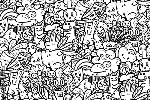 Kawaii doodle smiling monsters seamless pattern for child prints, designs and coloring books. Food, animals, robots, flowers