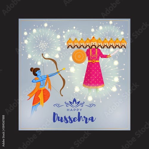 Vector illustration of Happy Dussehra greeting, Indian festival, Lord Rama holding bow and arrow in hands killing Ravana, fireworks, danglers, beautiful bokeh background.