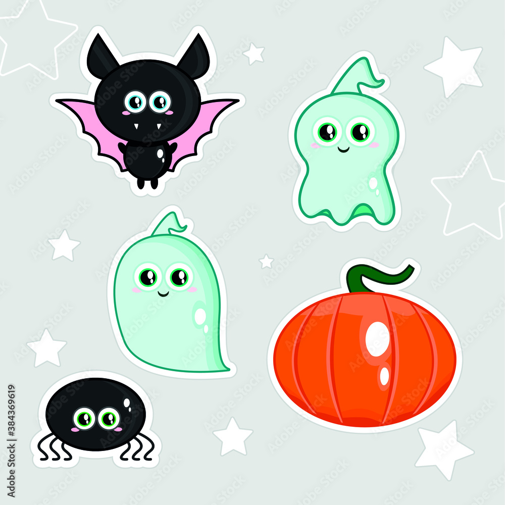 cute funny characters for Halloween. Spider. Pumpkin. Ghost. Ghosts. Bat.