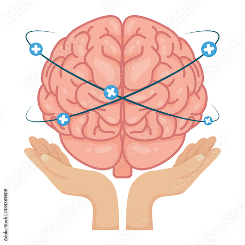 hands lifting brain human with pluss symbols around mental health care