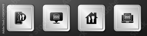 Set Online ordering and delivery, burger, and icon. Silver square button. Vector.