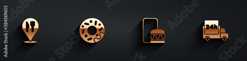 Set Cafe and restaurant location, Donut, Online ordering delivery and Fast by car icon with long shadow. Vector.