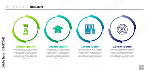 Set Old hourglass with sand, Graduation cap, Office folders and Solar system. Business infographic template. Vector.