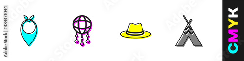 Set Cowboy bandana, Dream catcher with feathers, Western cowboy hat and Indian teepee or wigwam icon. Vector.