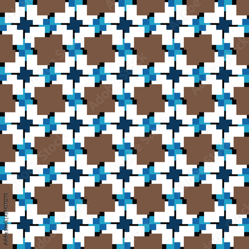 Vector seamless pattern texture background with geometric shapes  colored in brown  blue  black  white colors.