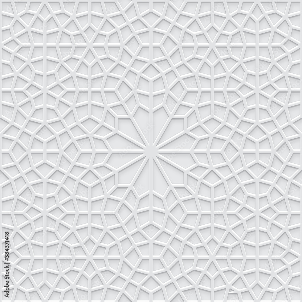 Grey light geometric pattern in arabic style, soft emboss background - obrazy, fototapety, plakaty 