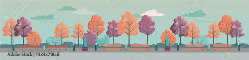 Empty modern city park with trees, bushes, benches and street lights vector illustration. Horizontal garden or public recreational place infrastructure seamless pattern