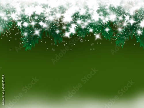 green christmas background with snowflakes, stars, spruce branches