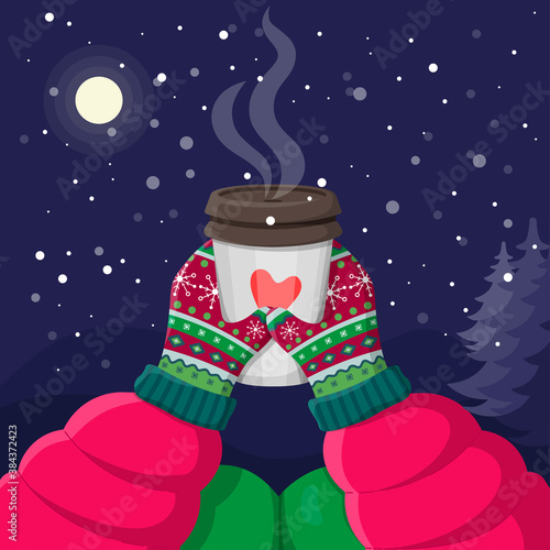 Two hands holding a cup of hot drink. Magic winter night cozy illustration. Knitted winter vintage gloves on snowy background. Colorful vector flat cartoon illustration.  