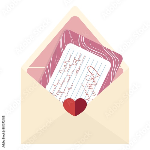 Love letter for Valentines Day. Opened envelope with hearts and pink greeting card. Modern flat cartoons style. Cute isolated illustrated element for web and print.
