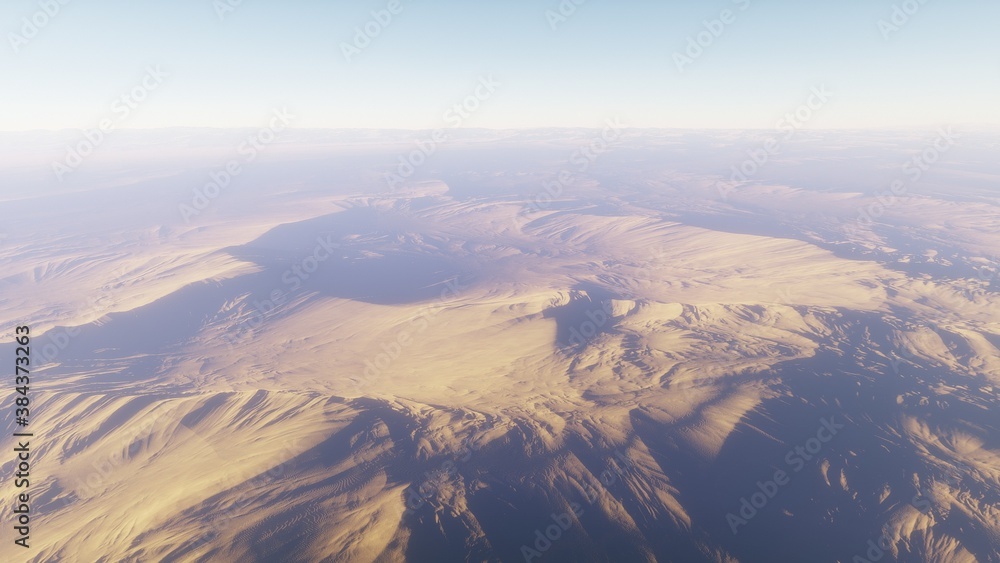 Beautiful alien landscape, panorama of the surface of a fantasy planet, unknown world in space. 3D Render Beautiful alien landscape, panorama of the surface of a fantasy planet, unknown world in space. 3D Render