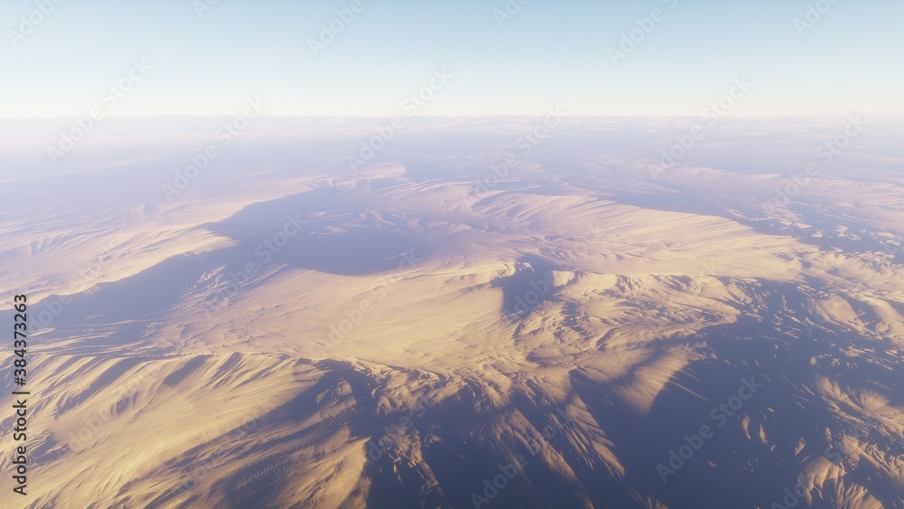 Beautiful alien landscape, panorama of the surface of a fantasy planet, unknown world in space. 3D Render