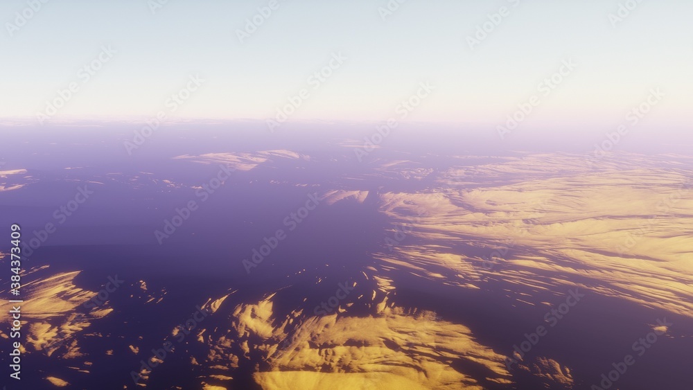 Beautiful alien landscape, panorama of the surface of a fantasy planet, unknown world in space. 3D Render Beautiful alien landscape, panorama of the surface of a fantasy planet, unknown world in space. 3D Render