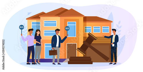 Sale at auction of a dwelling house confiscated from bankruptcy. Cartoon vector illustration