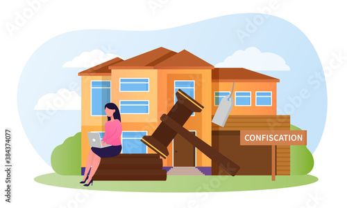 Sale at auction of a dwelling house confiscated from bankruptcy. Abstract concept with fictional woman character. Flat cartoon vector illustration
