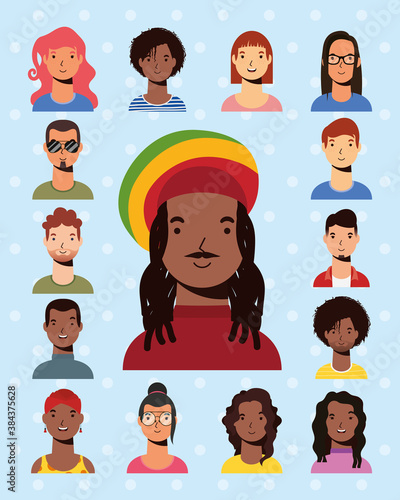 afro ethnic man with jamaican hat and interracial people