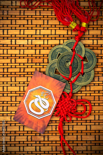 a red card with chinese astrological sign of  Snake  and with china oriental lucky coins like china astrology concept photo