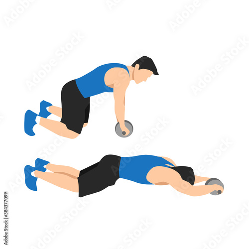 Man doing abdominal roller exercise side view. vector illustration isolated on background