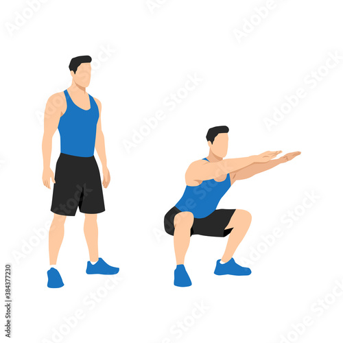 Exercise guide by man doing air squat in 2 steps in side view. Illustration about workout position introduction.