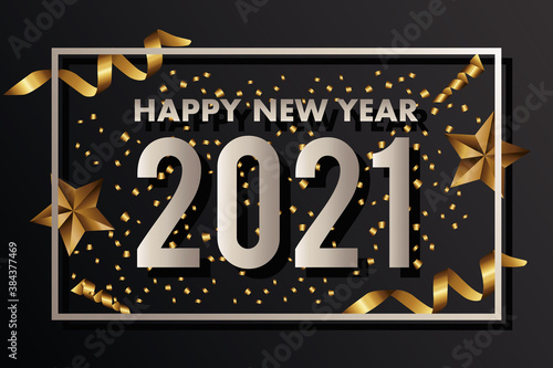 happy new year 2021 lettering with stars and confetti square frame