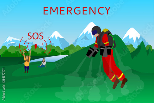 Rescuer in a flying jet suit rushes to help people in the mountains. Signal for emergency services. Ambulance banner .. Vector illustration, flat style.