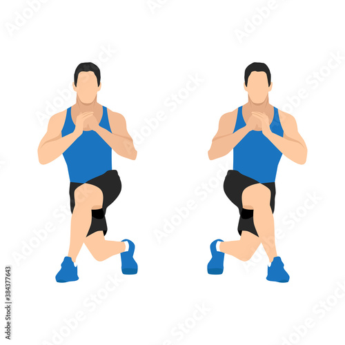 man doing workout with Alternating Curtsy Lunge in 2 steps. Illustration about Exercise guide.