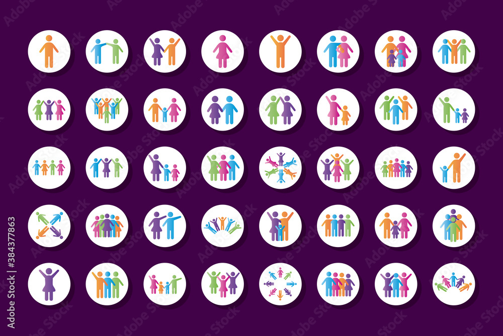 bundle of community and family figures in purple background degradient style icons bundle of community and family figures in purple background degradient style icons