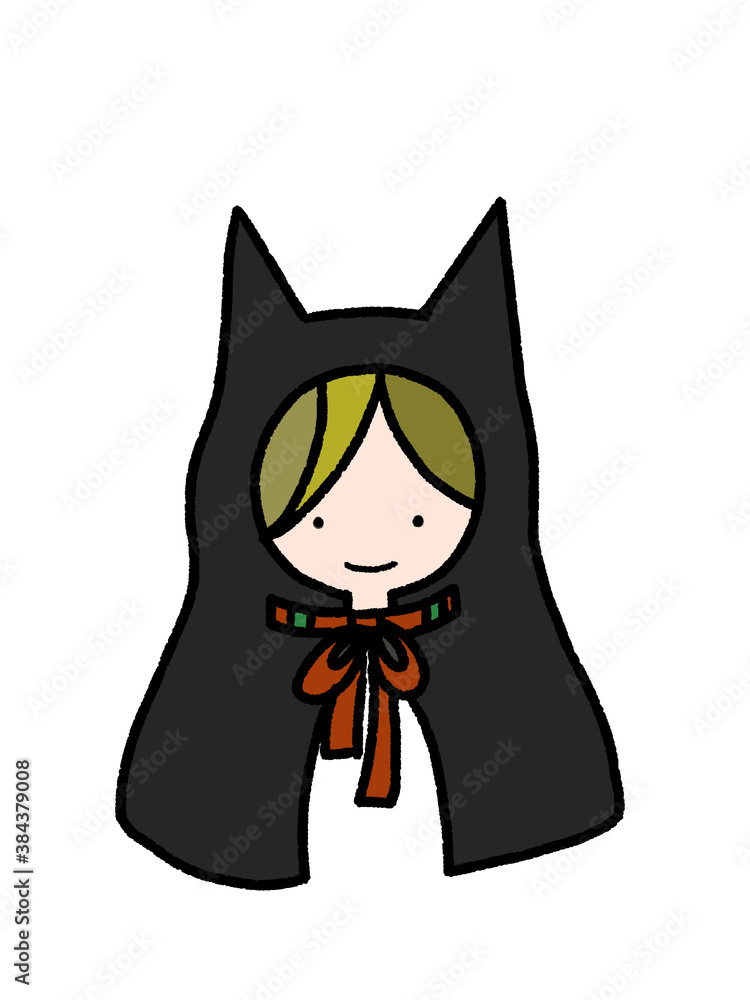 Obraz premium 黒猫のケープをかぶった女の子の手描きイラスト