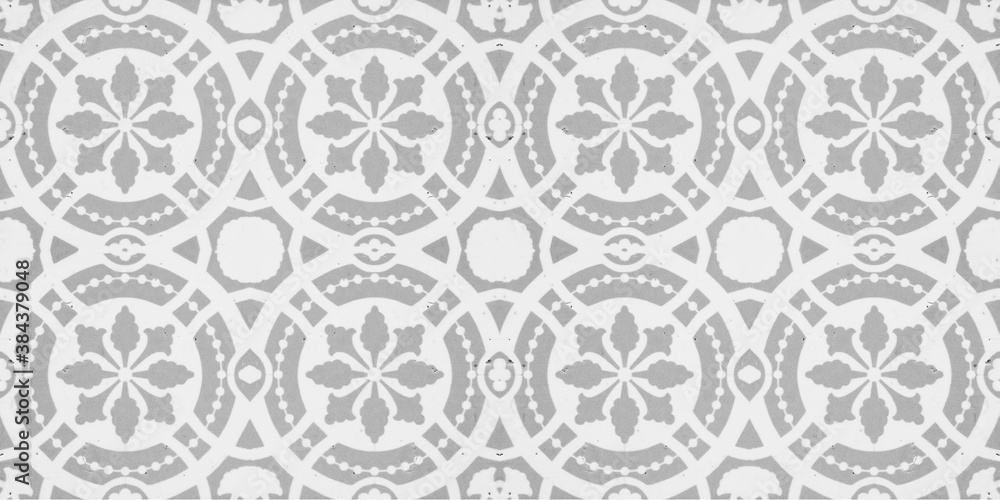 Gray grey white grunge seamless vintage retro tiles wallpaper geometric texture background, with circle, leaves motif print