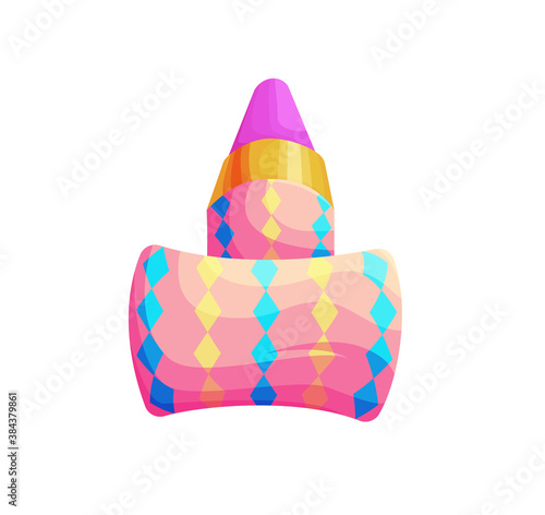 Birthday party whistle accessory. Isolated clown blower. 3d blowout isolated vector illustration. Carnival popper object. Plastic roll buzzer.