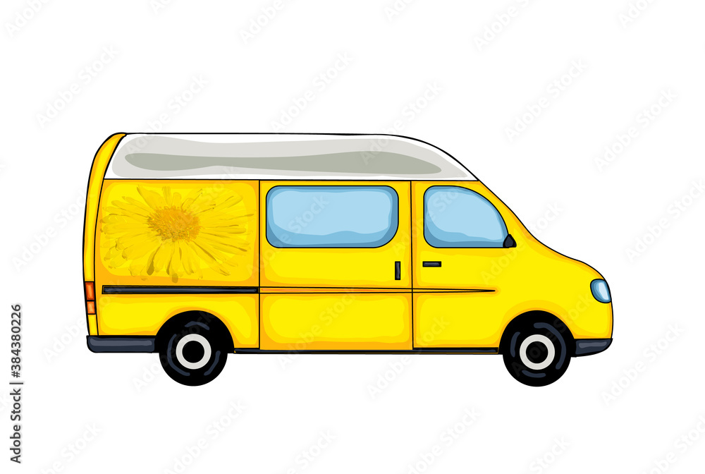 Yellow van with picture of yellow spring flower. Isolated on white background. Illustration. 