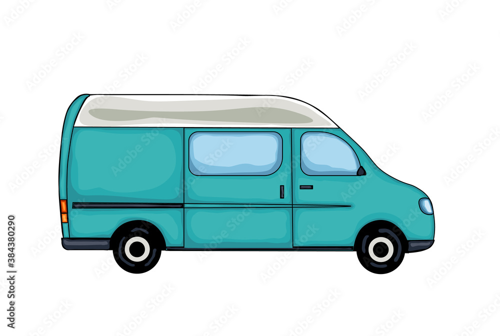 Light blue hand drawn van, isolated on white background. Illustration. 