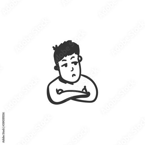 Jealousy feeling. Jealous man icon. Outline sketch drawing. Human emotions and feelings concept. Obstinacy, annoyance or resentment expression. Isolated vector illustration