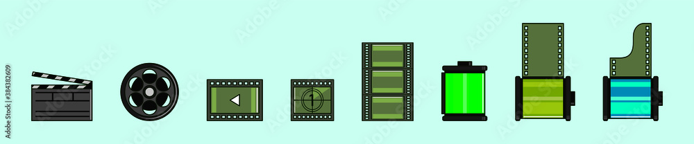 set of photographic film or film stripes cartoon icon design template with various models. vector illustration
