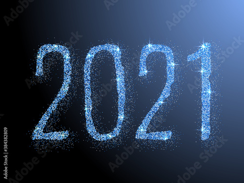Blue shiny 2021 Happy New Year vector banner. Confetti particles font calligraphy.