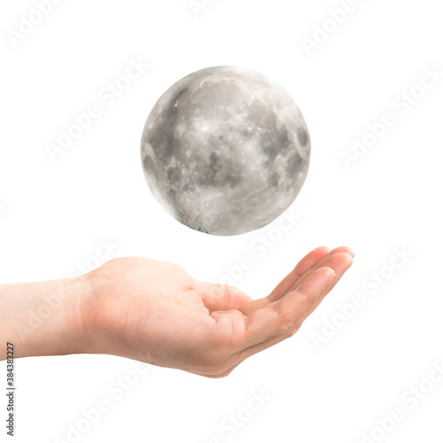 Two open hands hold full moon planet as conccept of future space program isolated on white background